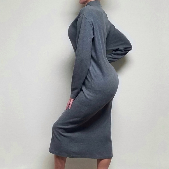 RARE Vintage 90s J. Crew Grey Cotton Mock Neck Long Sleeve Midi Sweater Dress L - Picture 3 of 13